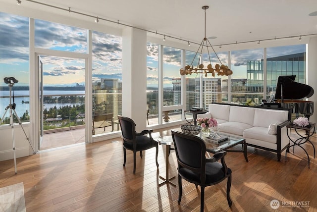 10700 NE 4th St Unit 4202, Bellevue, WA 98004 - dining space featuring rail lighting, expansive windows, healthy amount of natural light, wood finished floors, and a water view
