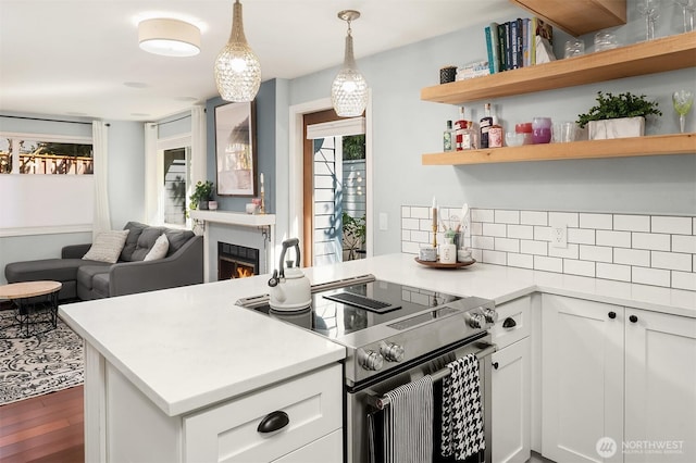 756 N 72nd St Unit 101, Seattle, WA 98103 - kitchen with a peninsula, open floor plan, dark wood-style flooring, electric stove, and light countertops