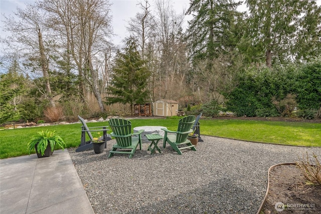 view of yard with a patio, a shed, and an outdoor structure