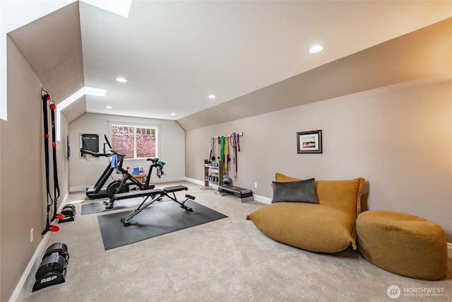 exercise area featuring recessed lighting, carpet flooring, baseboards, and lofted ceiling
