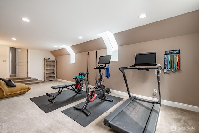 workout area featuring light colored carpet, baseboards, and recessed lighting