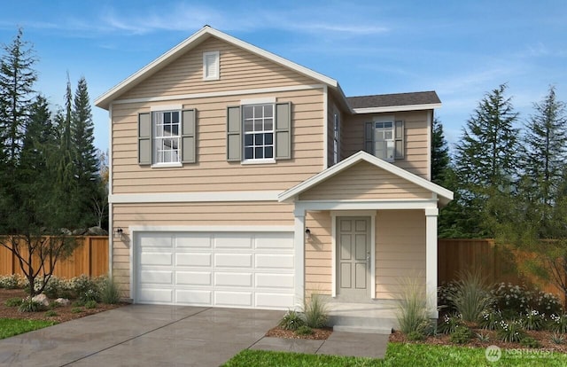 traditional-style house featuring driveway, a garage, and fence