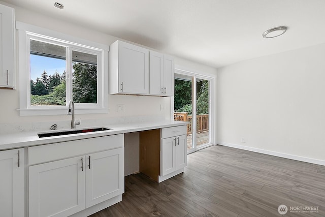 kitchen with white cabinetry, light countertops, a sink, and wood finished floors