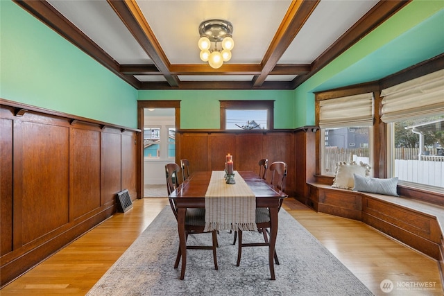 814 E Wright Ave, Tacoma, WA 98404 - dining area featuring light wood finished floors, a wainscoted wall, beam ceiling, coffered ceiling, and a chandelier