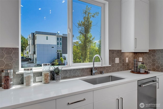 8818 NE 173rd Pl Unit B, Bothell, WA 98011 - kitchen with a sink, dishwasher, white cabinetry, and tasteful backsplash