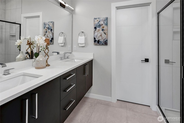 8818 NE 173rd Pl Unit B, Bothell, WA 98011 - bathroom with baseboards, double vanity, a shower stall, and tile patterned floors