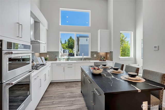8818 NE 173rd Pl Unit B, Bothell, WA 98011 - kitchen with appliances with stainless steel finishes, a sink, white cabinetry, tasteful backsplash, and a high ceiling