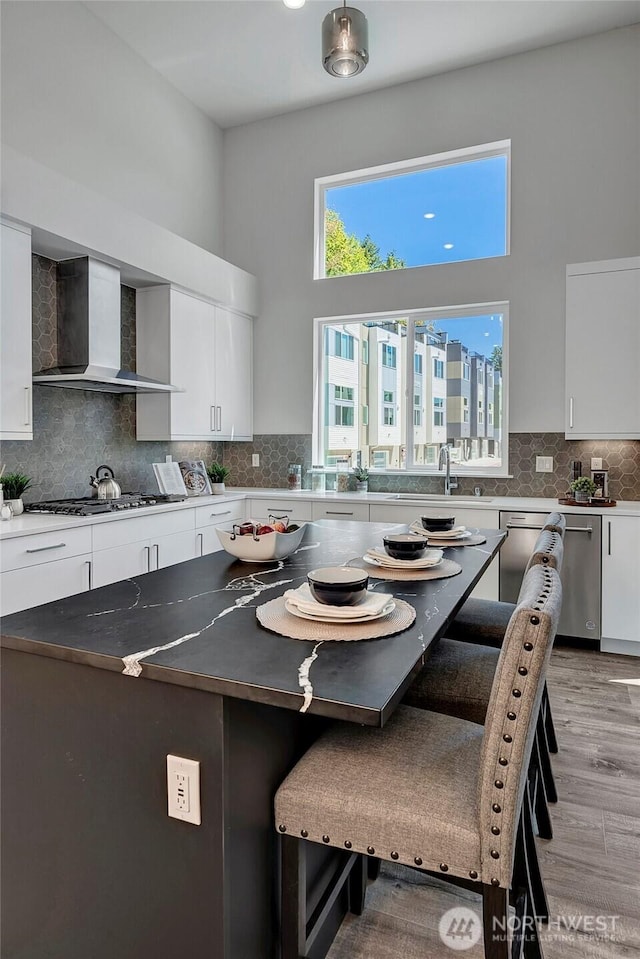 8818 NE 173rd Pl Unit B, Bothell, WA 98011 - kitchen with wall chimney range hood, appliances with stainless steel finishes, white cabinets, light wood-style flooring, and backsplash