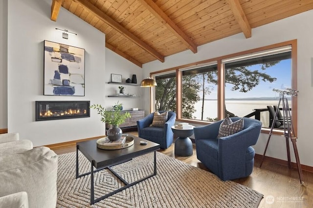 449 Madrona Dr, Friday Harbor, WA 98250 - living room featuring baseboards, a glass covered fireplace, beamed ceiling, and wood finished floors