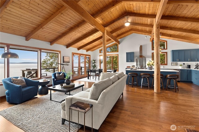 449 Madrona Dr, Friday Harbor, WA 98250 - living room with dark wood-type flooring, high vaulted ceiling, wooden ceiling, and beam ceiling