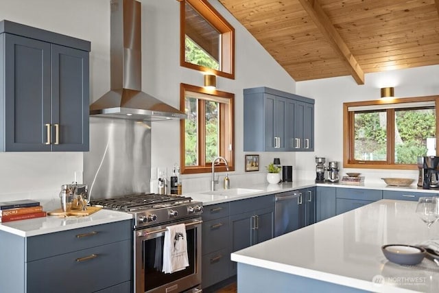 449 Madrona Dr, Friday Harbor, WA 98250 - kitchen with light countertops, wood ceiling, a sink, wall chimney exhaust hood, and appliances with stainless steel finishes
