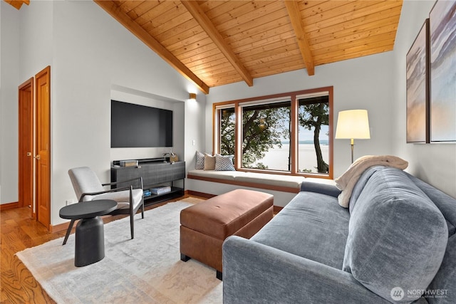 449 Madrona Dr, Friday Harbor, WA 98250 - living area featuring high vaulted ceiling, baseboards, wood finished floors, beam ceiling, and wooden ceiling
