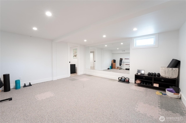 exercise area featuring recessed lighting, baseboards, and carpet