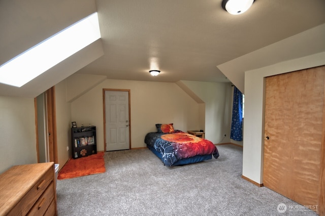 carpeted bedroom featuring a skylight