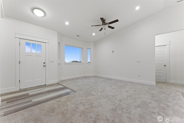 foyer entrance featuring recessed lighting, carpet, baseboards, and ceiling fan