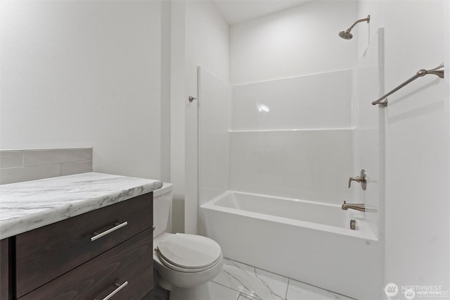 full bath with marble finish floor,  shower combination, and toilet