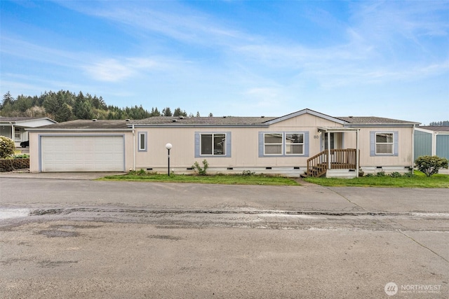 manufactured / mobile home with a garage, crawl space, and a shingled roof