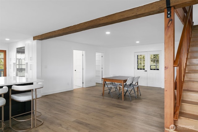 696 Texas Creek Rd, Carlton, WA 98814 - dining space featuring recessed lighting, stairs, wood finished floors, and a wealth of natural light
