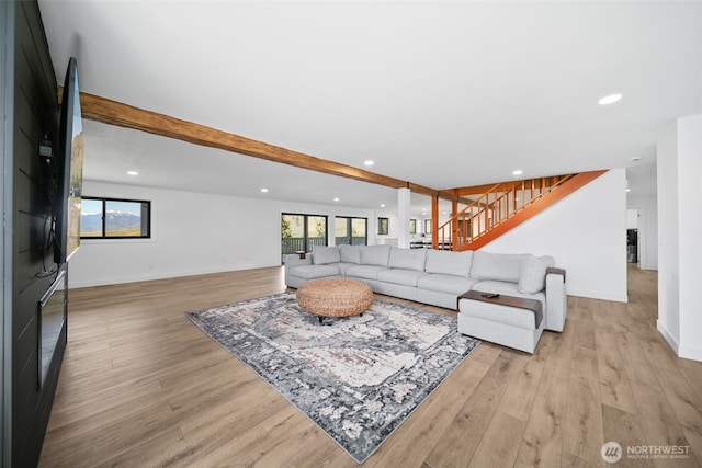 696 Texas Creek Rd, Carlton, WA 98814 - living area with stairs, recessed lighting, a healthy amount of sunlight, and light wood finished floors