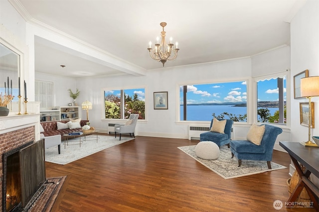 4201 N Mason St, Tacoma, WA 98407 - living room with radiator, a chandelier, dark wood-style floors, crown molding, and a water view