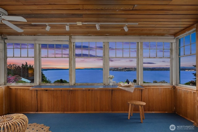 4201 N Mason St, Tacoma, WA 98407 - unfurnished sunroom with track lighting, carpet, a water view, and wooden walls