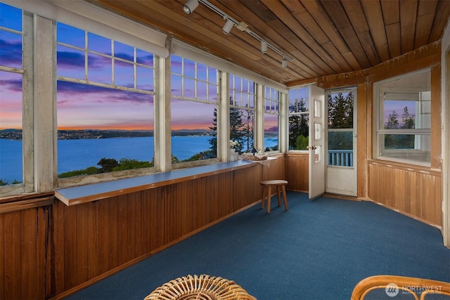 4201 N Mason St, Tacoma, WA 98407 - unfurnished sunroom featuring wood walls, carpet floors, a water view, track lighting, and healthy amount of natural light