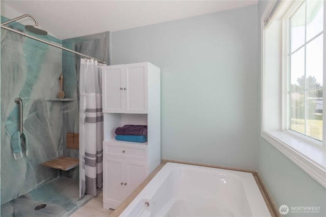 bathroom with a bath and a shower with shower curtain