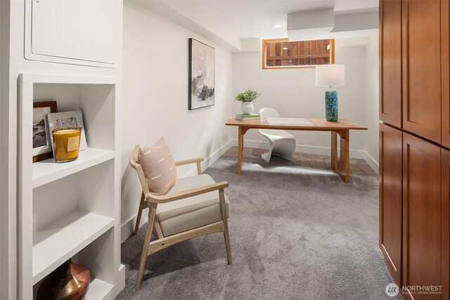 carpeted office featuring baseboards and recessed lighting