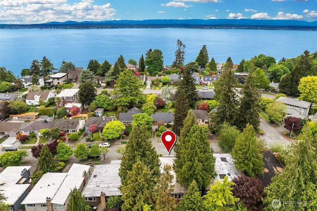 aerial perspective of suburban area with a nearby body of water