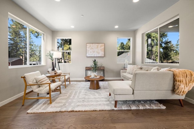 living area with baseboards, recessed lighting, and wood finished floors