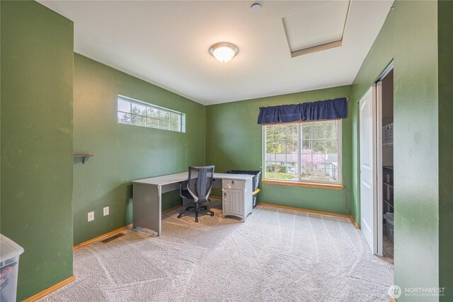 1006 Cathleen St, Port Angeles, WA 98363 - carpeted home office featuring attic access, visible vents, baseboards, and a wealth of natural light