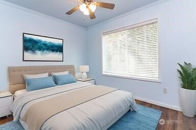 36850 12th Ave S, Federal Way, WA 98003 - bedroom featuring multiple windows, ornamental molding, wood finished floors, and ceiling fan