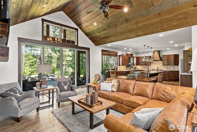 31 Powder Cap Ct, Cle Elum, WA 98922 - living room featuring wood ceiling, high vaulted ceiling, light wood finished floors, and ceiling fan