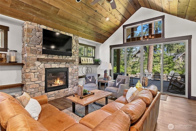 31 Powder Cap Ct, Cle Elum, WA 98922 - living area with hardwood / wood-style floors, a healthy amount of sunlight, high vaulted ceiling, and a stone fireplace