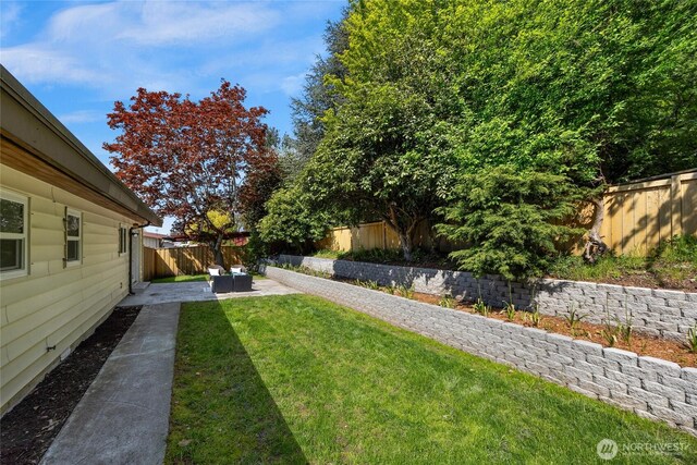 view of yard featuring a patio and a fenced backyard