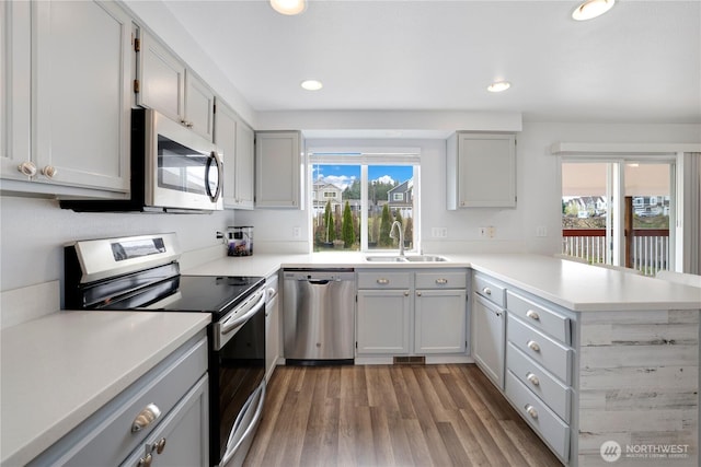 kitchen with light countertops, a sink, a peninsula, appliances with stainless steel finishes, and wood finished floors