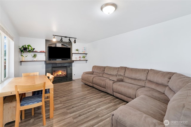 living area with track lighting, wood finished floors, and a tile fireplace