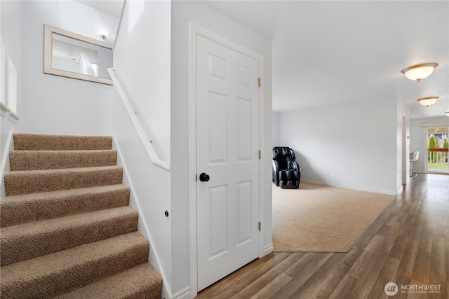 stairway with baseboards and wood finished floors