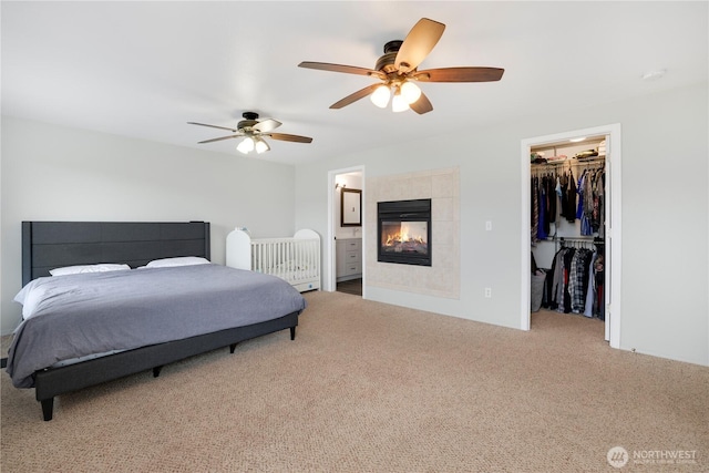bedroom with a closet, a fireplace, ceiling fan, carpet floors, and a spacious closet