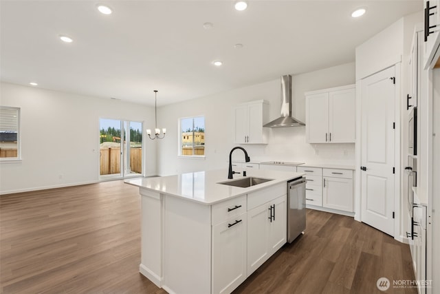 5941 Thornhill Ave SW Unit 291, Port Orchard, WA 98367 - kitchen with wall chimney range hood, dishwasher, dark wood-style floors, a chandelier, and recessed lighting