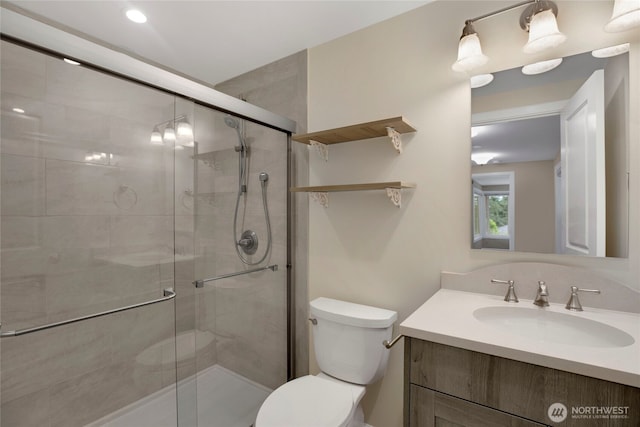 bathroom featuring vanity, toilet, and a shower stall