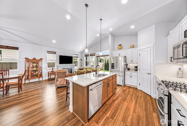 kitchen featuring stainless steel appliances, an island with sink, dark wood-style floors, and a sink