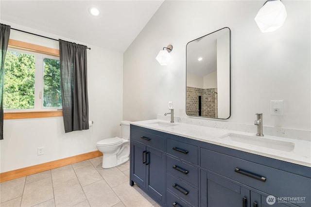 324 Gill Ln, Friday Harbor, WA 98250 - bathroom with toilet, a sink, lofted ceiling, and a shower with door