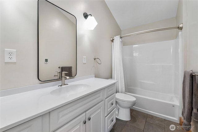 324 Gill Ln, Friday Harbor, WA 98250 - full bath with tile patterned flooring, toilet, shower / bathtub combination with curtain, and vanity