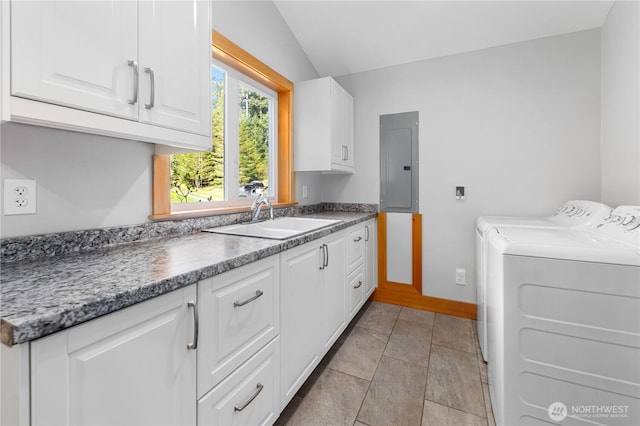 324 Gill Ln, Friday Harbor, WA 98250 - laundry area featuring baseboards, electric panel, a sink, independent washer and dryer, and cabinet space