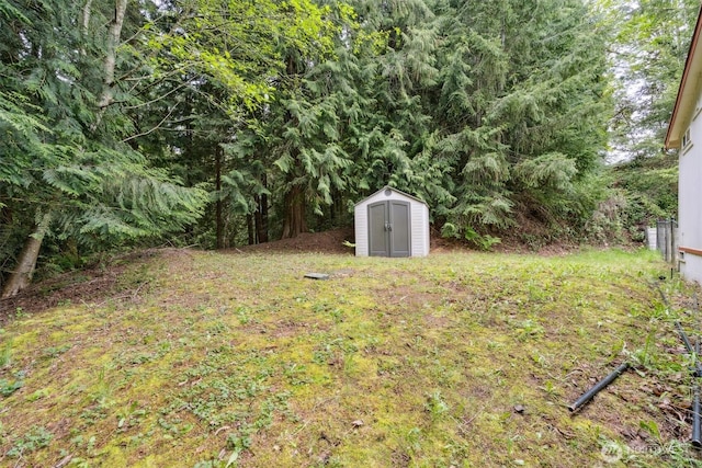 view of yard with an outdoor structure and a shed