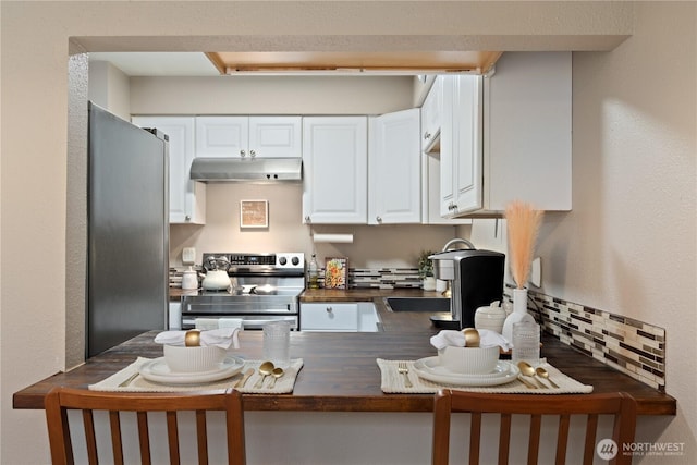 18200 73rd Ave NE Unit B103, Kenmore, WA 98028 - kitchen with a sink, white cabinetry, a peninsula, under cabinet range hood, and stainless steel appliances