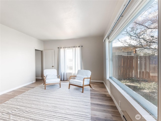 sitting room with baseboards and wood finished floors
