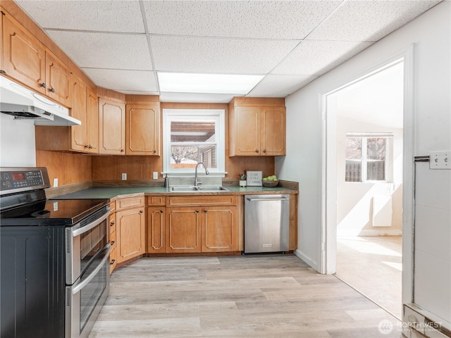 kitchen with under cabinet range hood, a sink, stainless steel appliances, and plenty of natural light