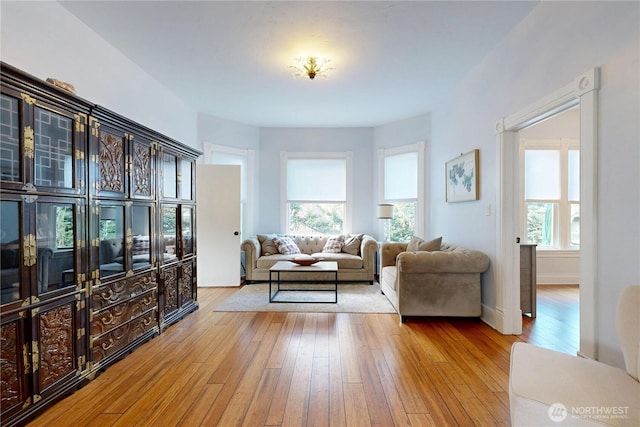 living area with hardwood / wood-style flooring and a healthy amount of sunlight